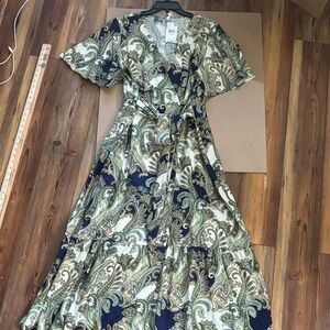 Mango Maxi Dress in Paisley print Navy and Green Size 14 NWT